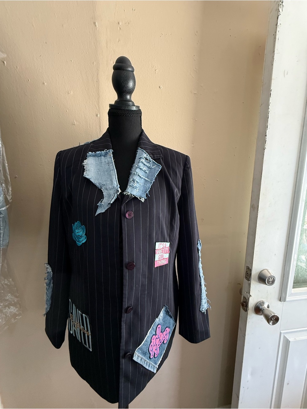 Blue Pinstripe Patchwork Blazer Jacket with Denim Accents - Picture 2 of 4